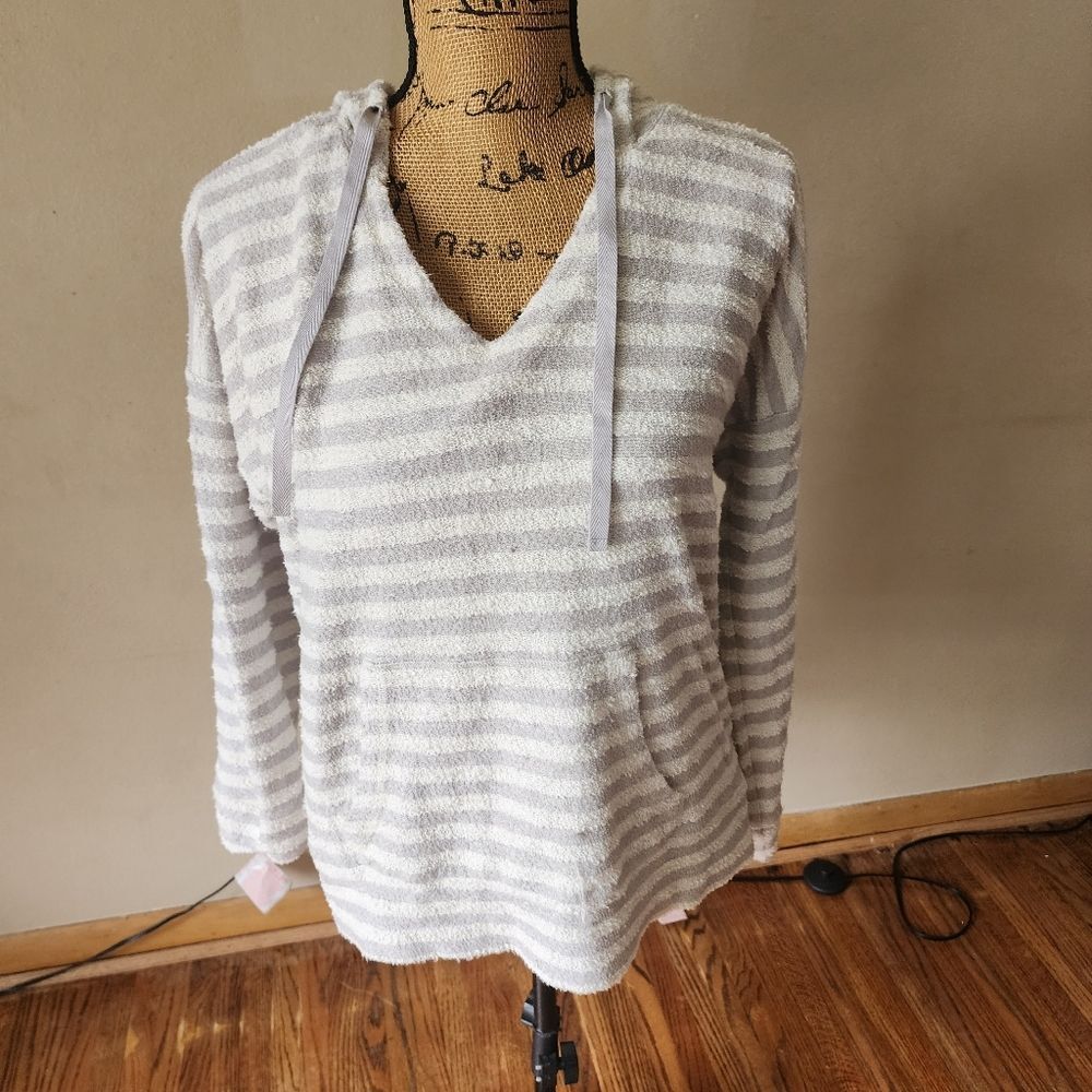 Soft Joie Gray White Striped Long Sleeve Hoodie Pullover Sweater Size M Comfort
